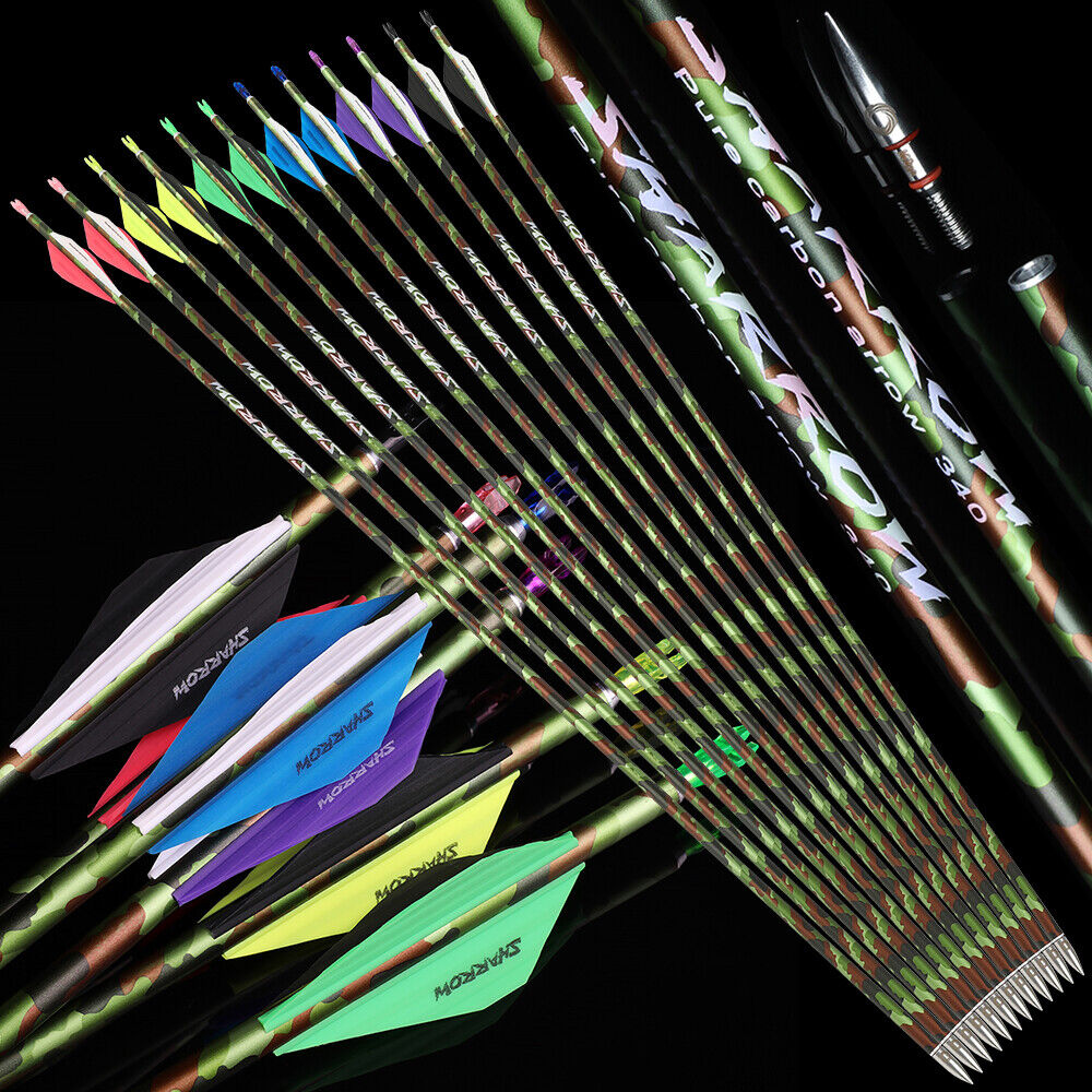 12pcs 30Inch Carbon Arrows SP340 Archery Compoundbow RecurveBow Hunting Arrows Camo
